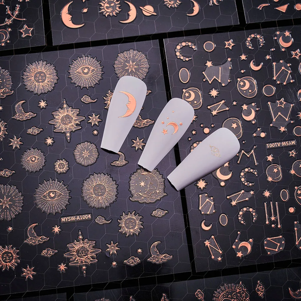 

6pcs/set Aurora Gold Silver Nail Stickers 3D Heart Star Moon Flame Sun Decals Nail Art DIY Nail Decoration Embossed Nail Sticker