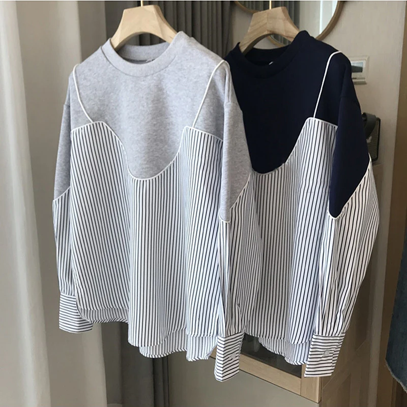 

Korean Patchwork Blouse Women Spring Autumn Fake Two Piece Tops and Blouses Striped Shirt Blusas Mujer