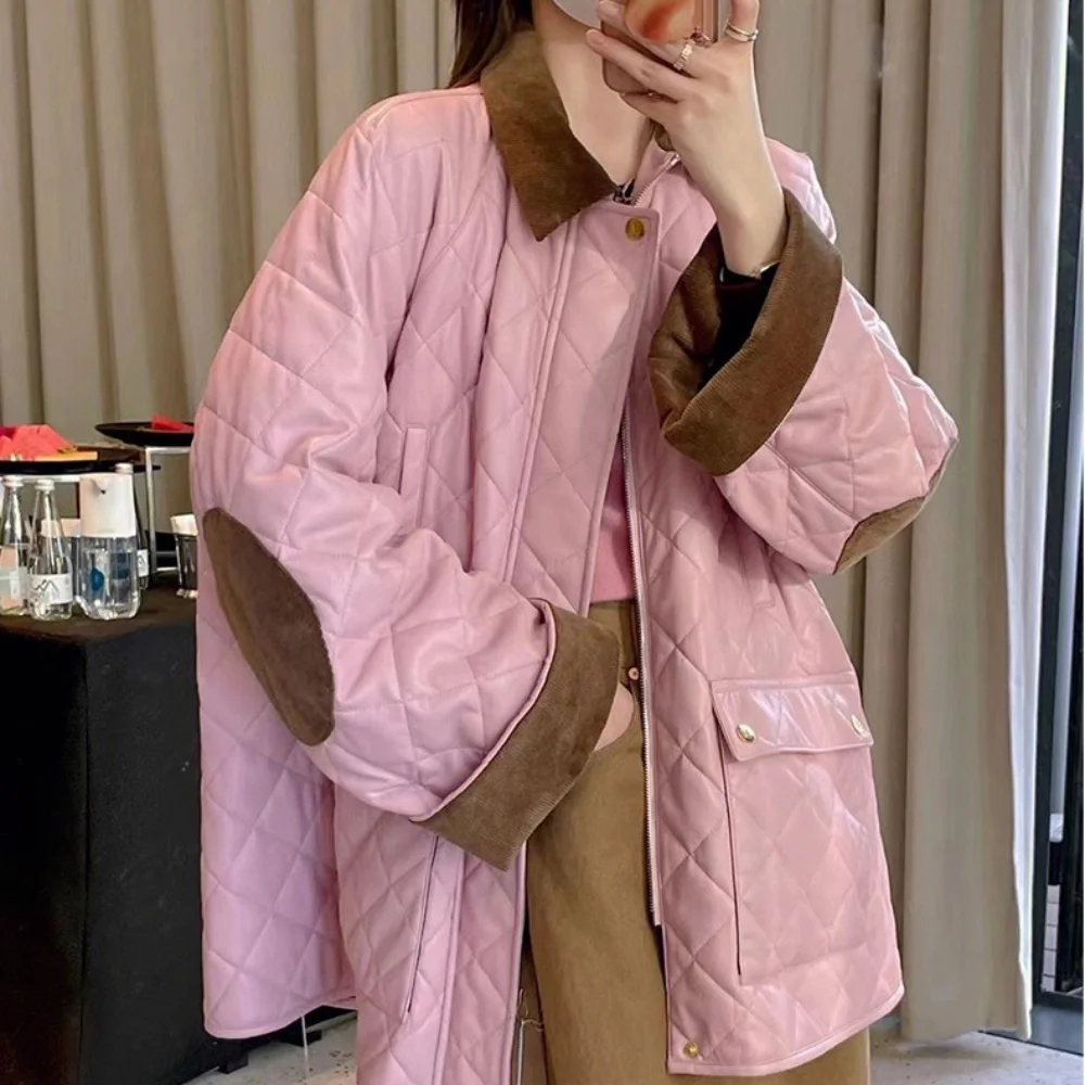 

Autumn and Winter New Diamond-shaped Plaid Protein Leather Padded Jacket Women