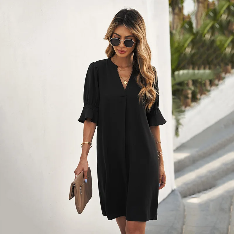 

CHUJIE 2023 Summer Chiffon Dress Women's Solid Color Loose Short Sleeve Knee Length Dress Ladies Elegant Casual Dresses Skirt