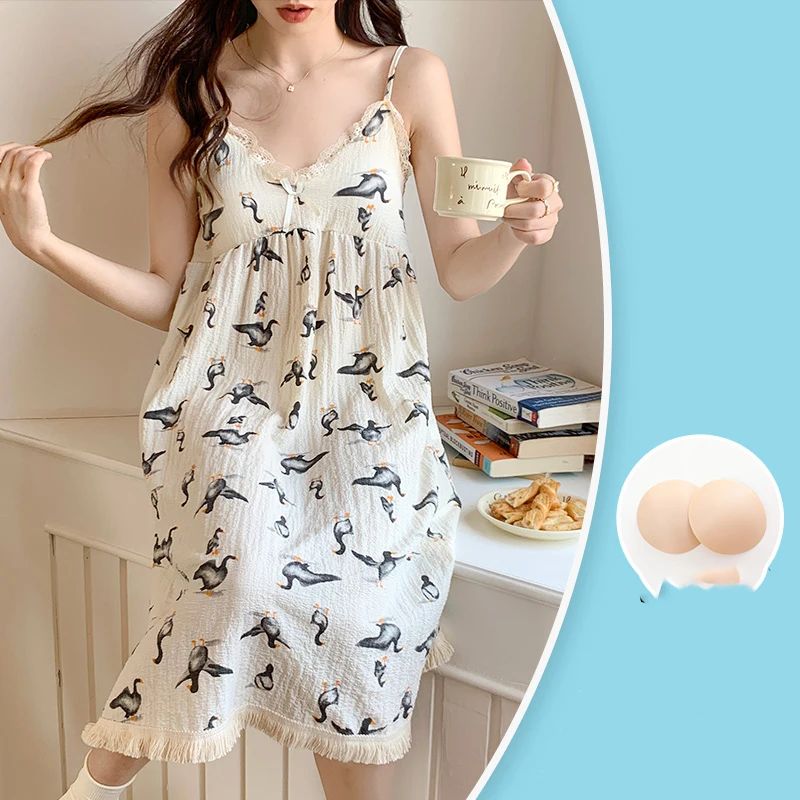 Suspender Women's Nightdress Summer Thin Pure Cotton With Chest Pad Lace Edge Large Size Home Clothes Nightdress Free Shipping