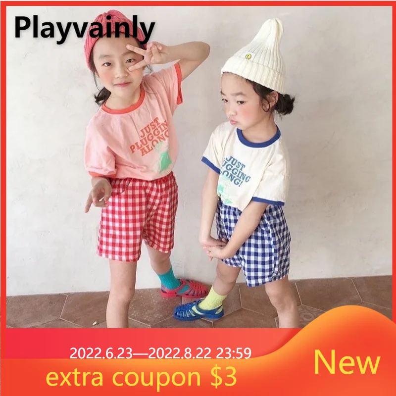 

2022 Summer Clothes for Girl Boy 2pcs Sets letter Cotton short Sleeve T-shirt +plaid Shorts suit Unisex Clothes E2161