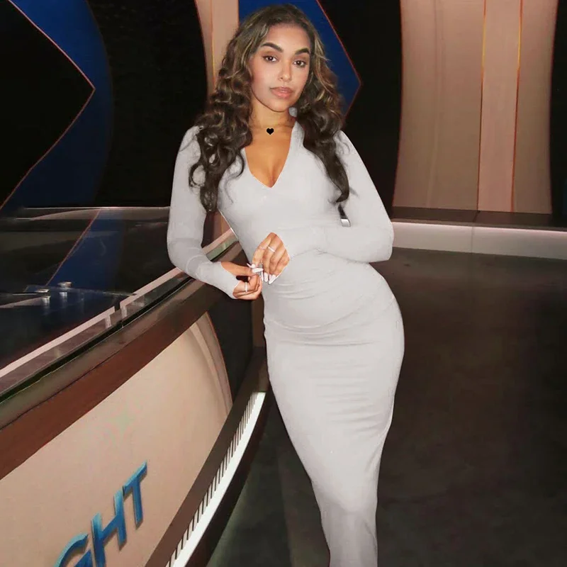 Элегантное облегающее платье макси с длинными рукавами и рюшами сексуальное