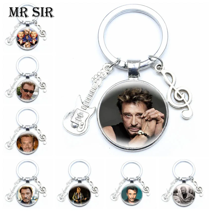 Johnny Hallyday Keychain Famous French Singer Rock Star Musician Series Special Pendant Glass Cabochon Key Chain Ring Fans Gifts