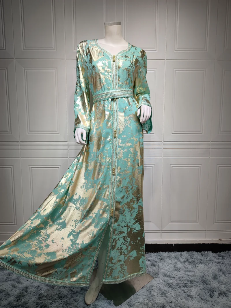 Evening Kaftan Jalabiya Women Gold Stamping  Chiffon Muslim Arab Long Dress Moroccan Caftan  Party Wedding White Abaya Ramadan