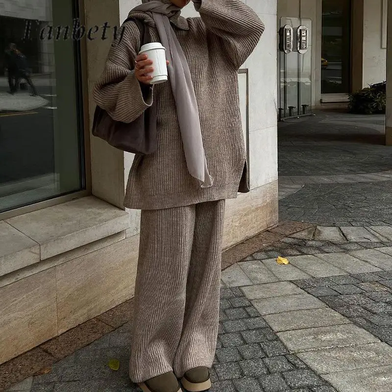 

Женский трикотажный комплект из двух предметов, повседневный однотонный теплый свитер с лацканами и длинные брюки на молнии, 2023