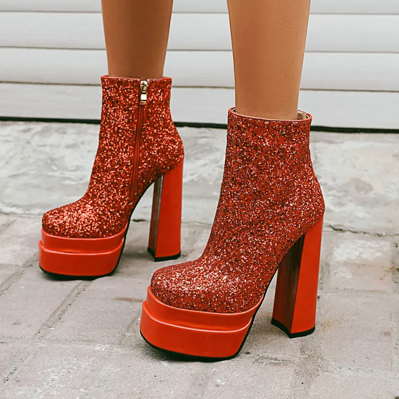 

Super High Heels Platform Ladies Ankle Boots Bling Bling Women Autumn Winter Party Dancing Shoes Big Size 34-43