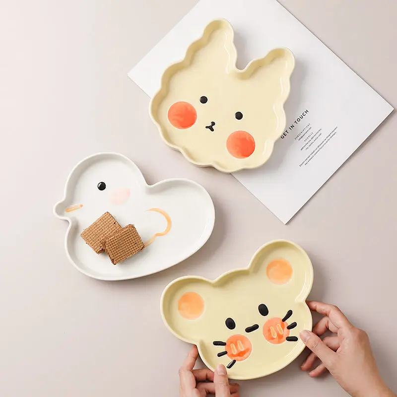 Ins Cartoon Tableware Dinner Plate Frog Rabbit Duck Craft Kawaii Ceramic Plate Cake Dessert  Kitchen Household Dinnerware New