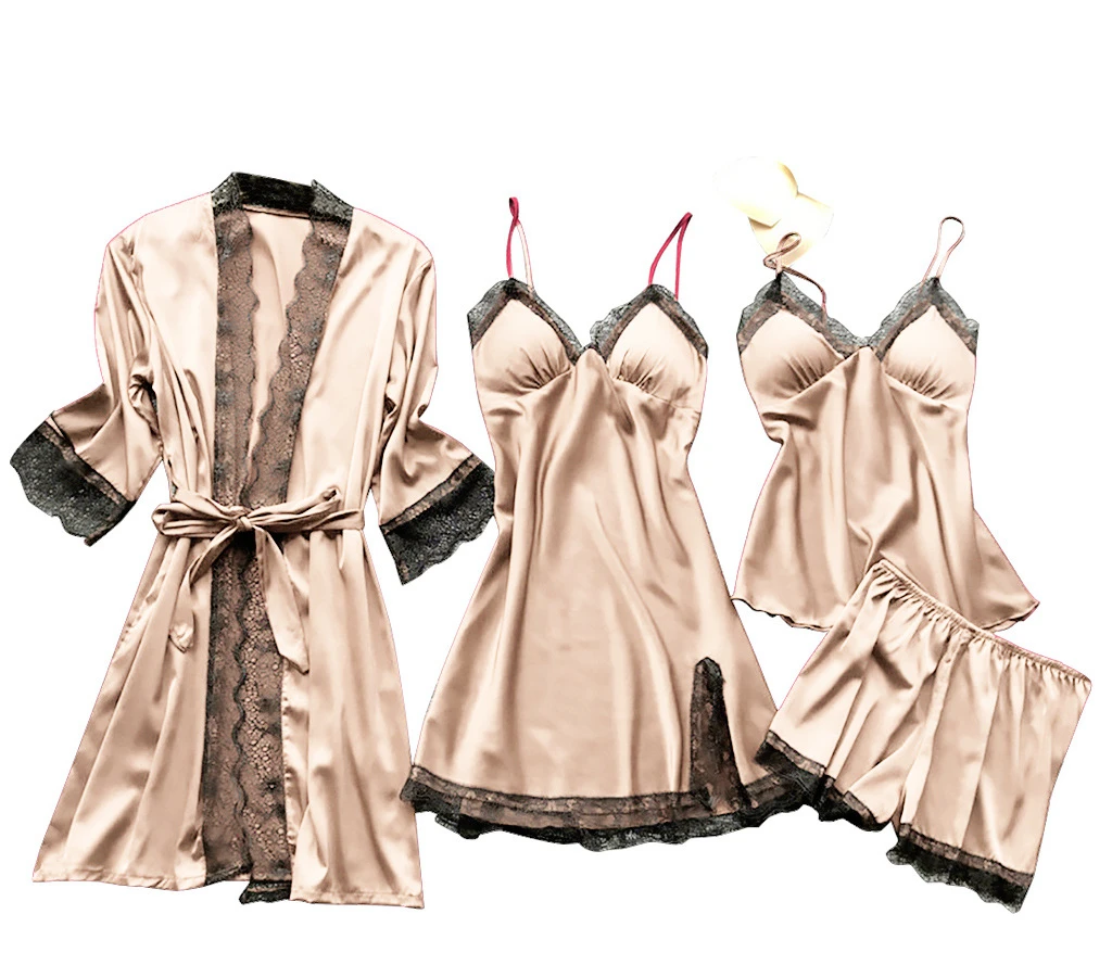 Women 4 Piece Sleepwear Set Sexy Nightwear Mid-length Sling Dress Lace Edge Spaghetti Tops Short Pants Pajamas Woman Night Wear