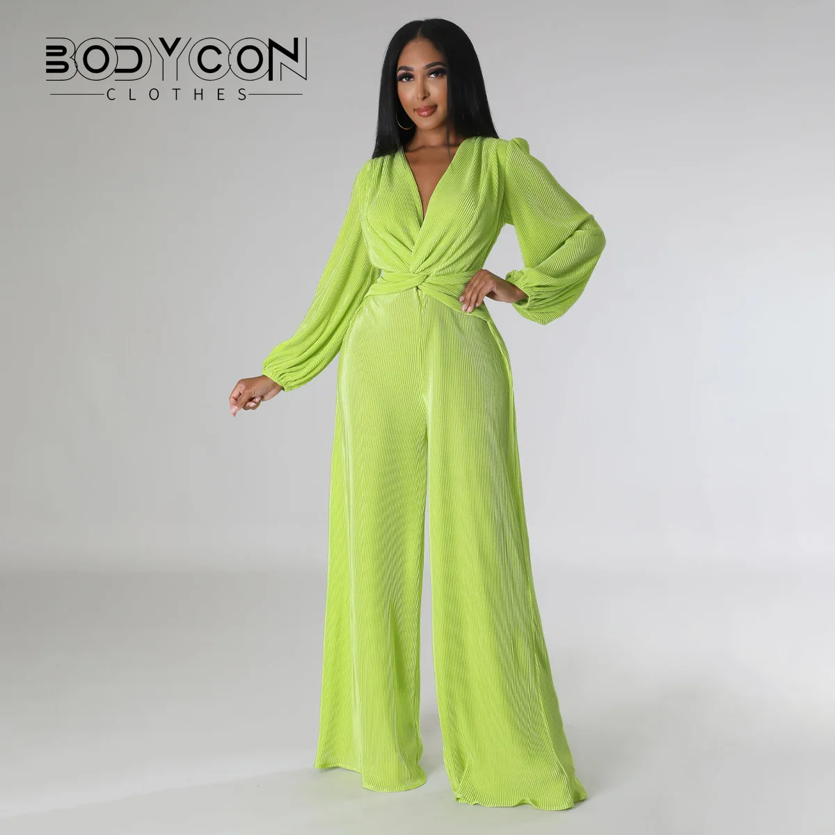 

Облегающий женский плиссированный комбинезон с запахом, V-образным вырезом и широкими штанинами, прямой комбинезон с длинным рукавом, 2023 сексуальный женский комбинезон, цельнокроеный костюм