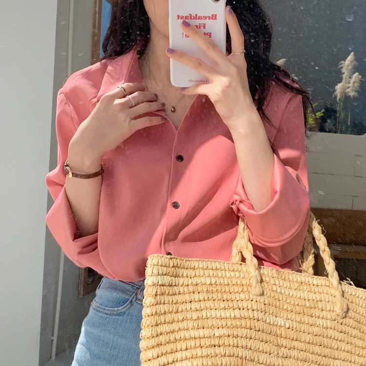 

6Candy Colors shirt korean style long sleeve blouses 2022 Basic Spring Autumn womens tops and blouse Outwear Tops(X2312)