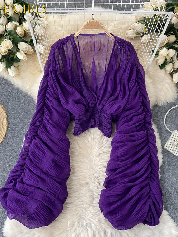 

E GIRLS Summer Sexy Draped Chiffon Blouse For Women Elegant V-Neck Puff Long Sleeve Short Tops Female Slim Party Shirts 2022 New