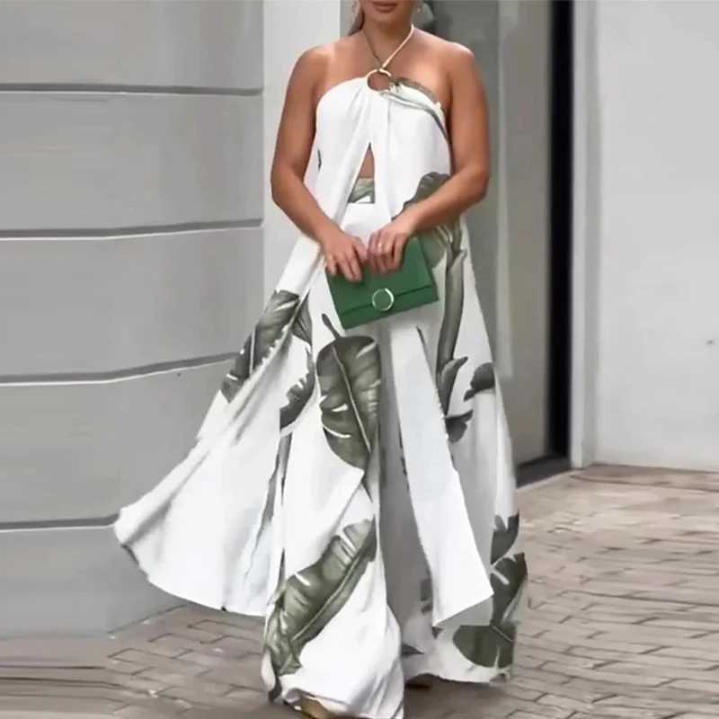 

Women Summer Casual Sling Tops Suit Fashion Leaf Print Loose Wide Leg Pants Outfits Office Lady Elegant Slit Long Robe Shirt Set