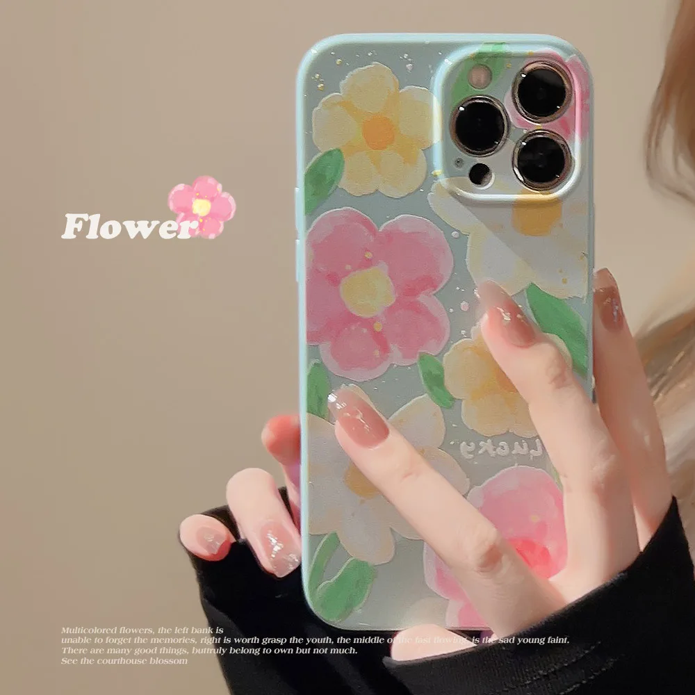 

Oil Painting Water Blue Pink Flower Phone Case For iphone 14 13 12 11 Pro Max X XR XSMAX 7 8 Plus SE TPU Case Cover new products
