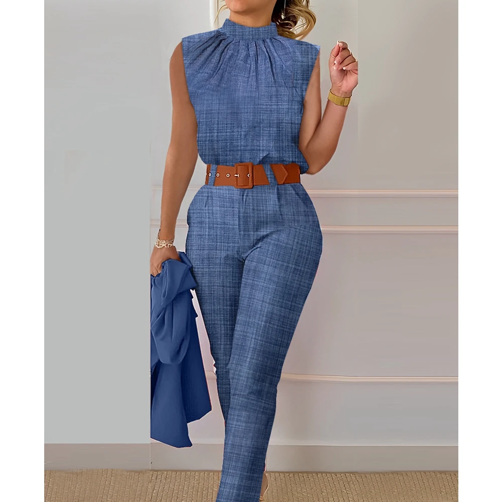 

Wepbel Lerisi Top and Trousers Suit-without Belt Denim Look Print Ruched Top & High Waist Pants Set Summer 2 Piece Sets Outfits