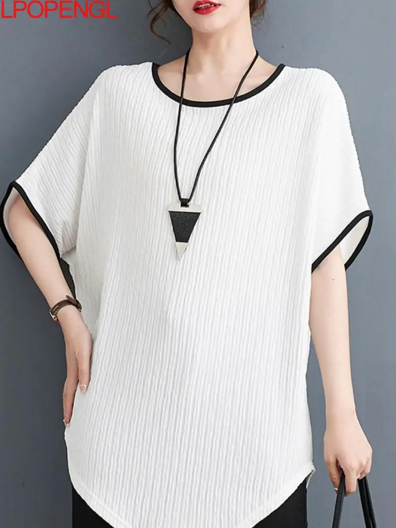 

Женский винтажный однотонный Асимметричный пуловер, Свободный Повседневный универсальный топ с рукавом «летучая мышь» и круглым вырезом, ...