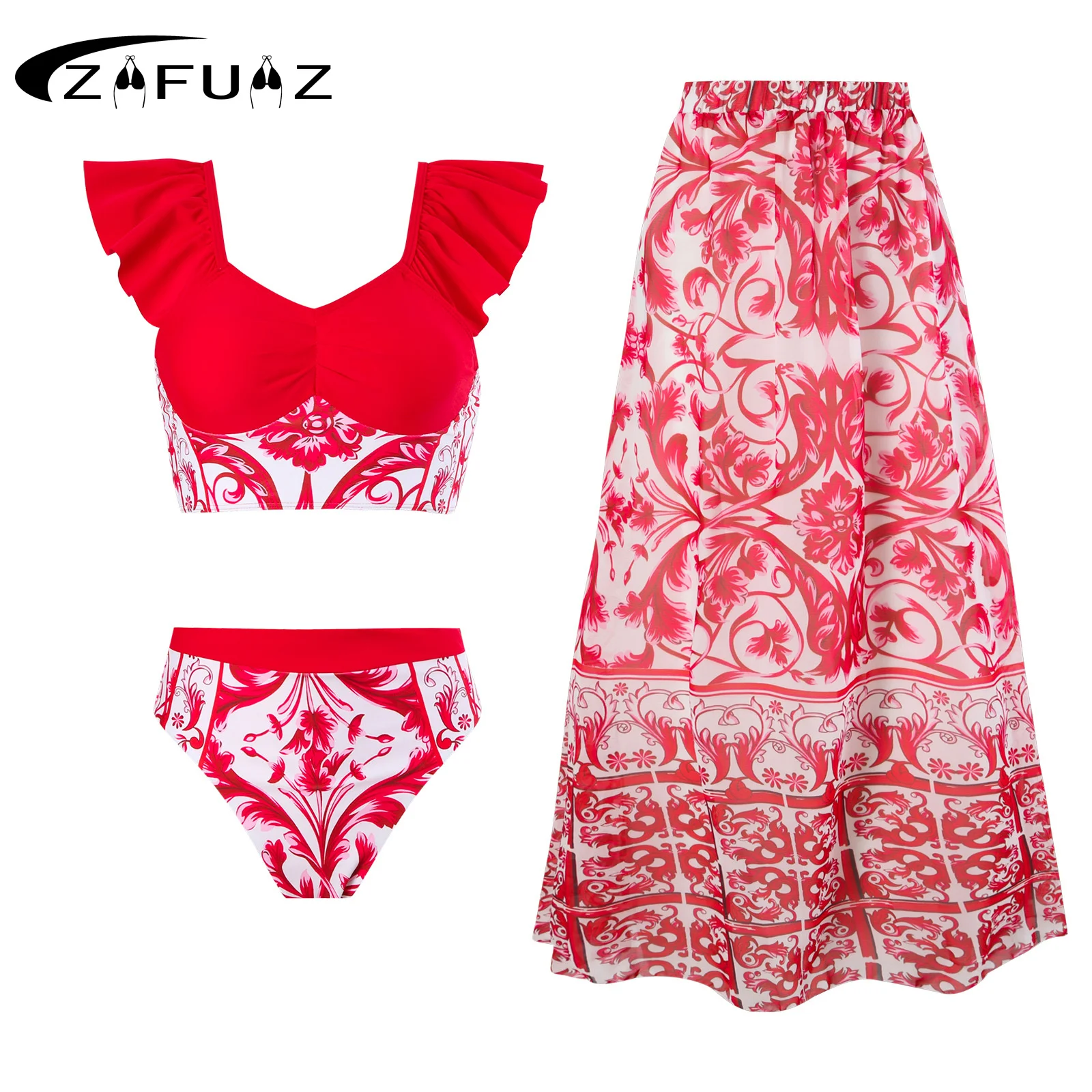 

2023 New Ruffle Swimwear Female V Neck Two Pieces Swimsuit for Women High Waist Biquini Beach Dress Elegant Bathing Suit Summer