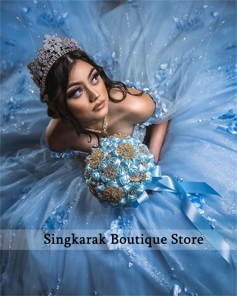 Шикарное бальное платье небесно-голубого цвета красивые платья 16 Quinceanera бусины 3D