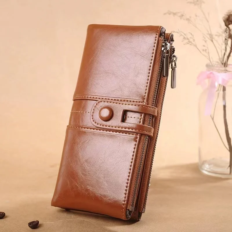 New RFID Anti-Theft Brush Fashionable Retro Oil Wax High-Quality Leather Multi-Function Long Handbag For Men And Women