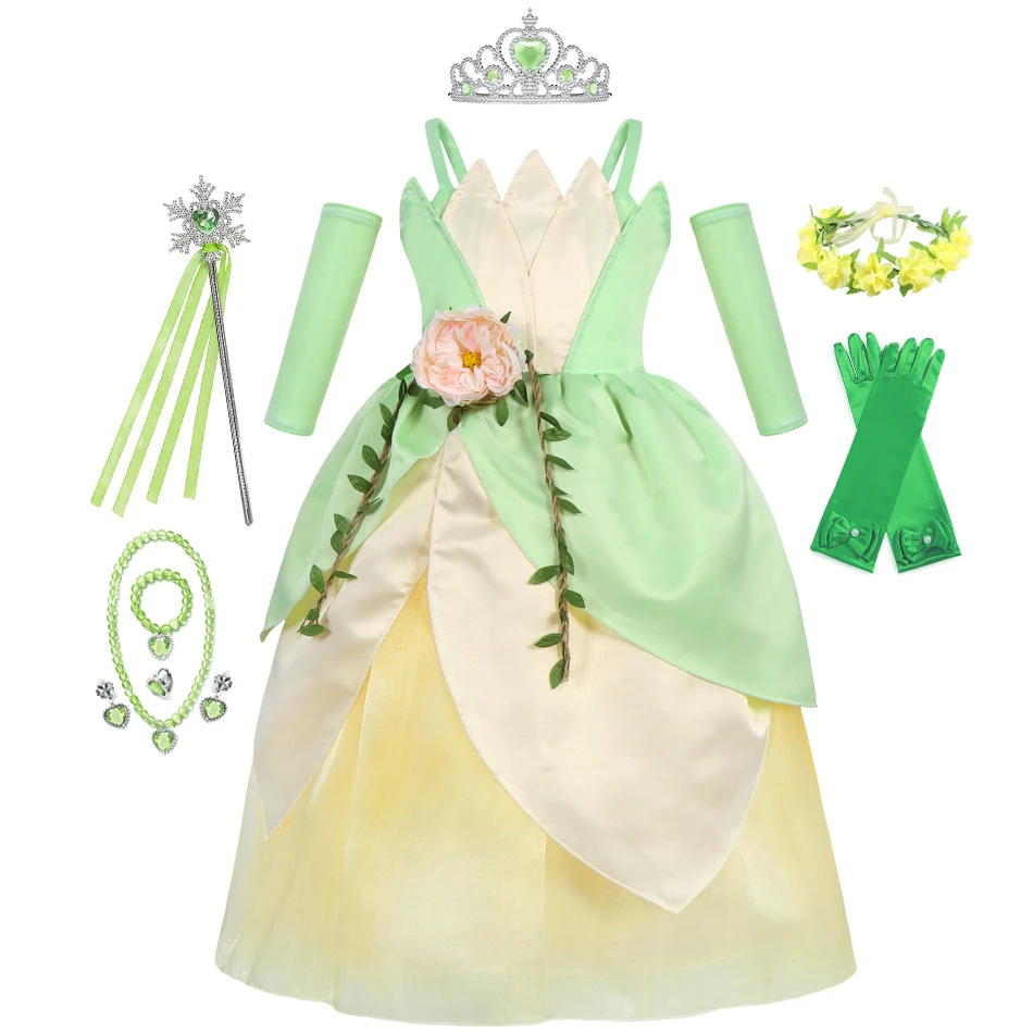 

Princess and the Frog Girls Princess Tiana Dress Masquerade Halloween Elves Costume Party Infant Green Shoulderless Ball Gown