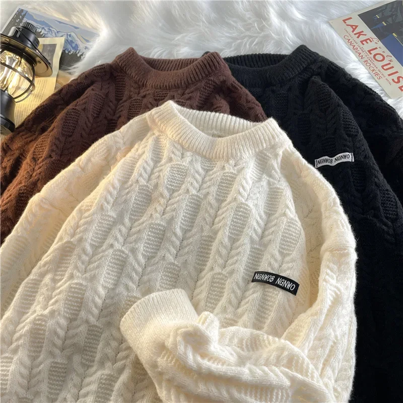 Осенне-зимний вязаный свитер мужской свободный крой с круглым вырезом