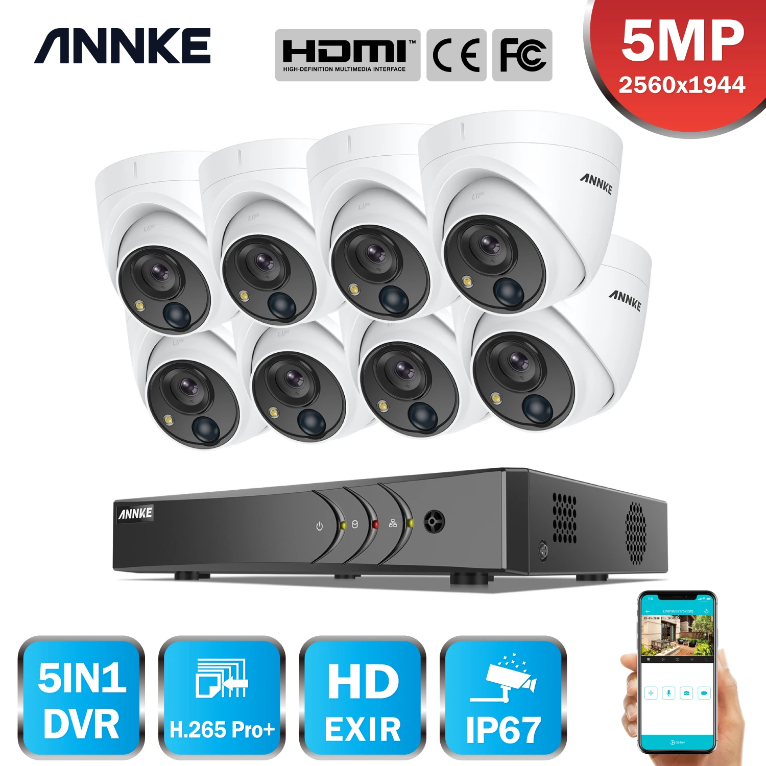 ANNKE 5MP Security Camera System H.265+ DVR Surveillance with 4X/8X 5MP PIR Outdoor Cameras IP67 Weatherproof Security Kit White