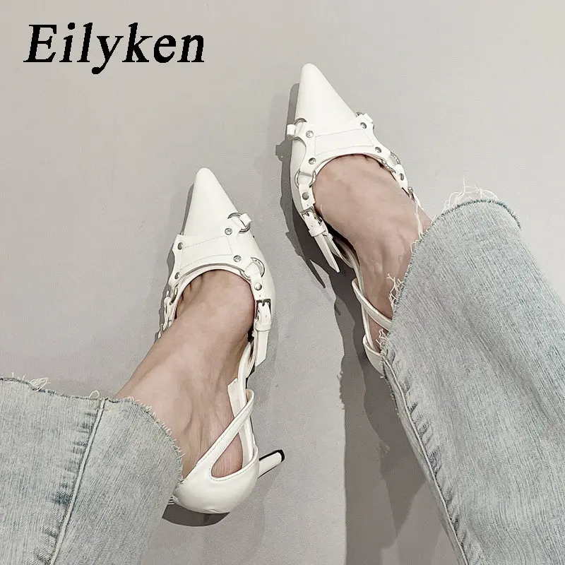 

Eilyken Silver White Thin High Heels Women Pumps Street Style Buckle Strap Pointed Toe Party Banquet Female Summer ​Shoes