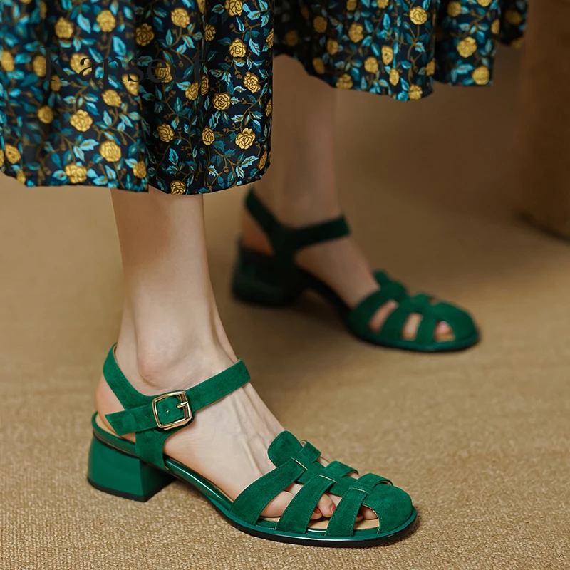 

Новое поступление, римские сандалии Kanseet для женщин 2023, летняя зеленая детская замшевая обувь, женская обувь на среднем каблуке с ремешком, 40
