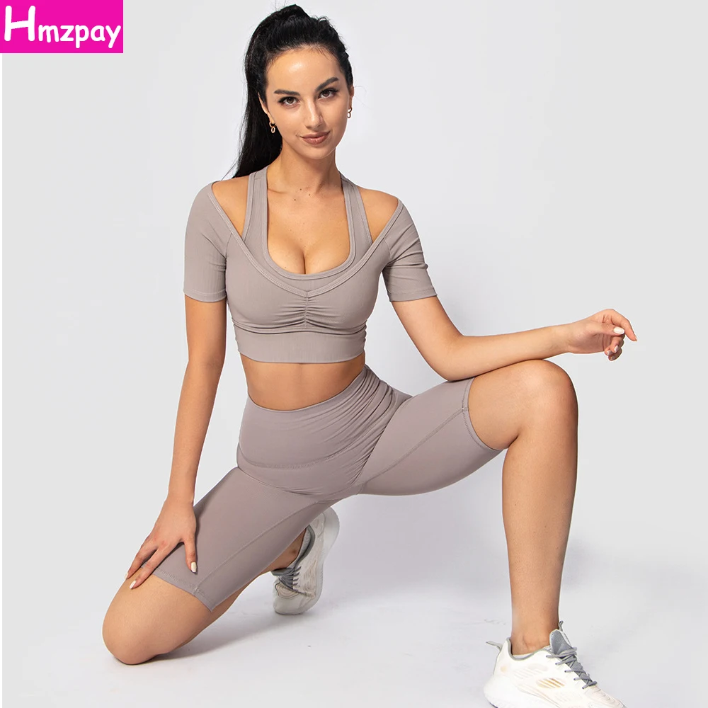 

Women's Seamless Yoga Suit Sports Navel T-Shirt Top Fitness High Waist Hips Tight Shorts 2-Piece Running Workout Suit
