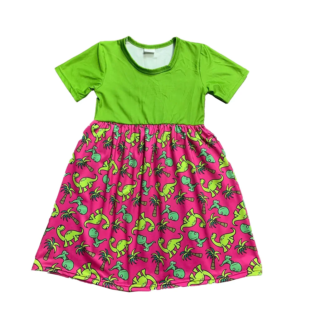 

Green Little Dinosaur Print Rose Red Stitching Short-sleeved Dress Summer Boutique Girls Children's Clothing Wholesale