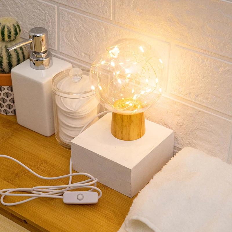 

USB Night Light Magic Ball Shaped LED Lamp with Wooden Base Wired Control Decorative Tabletop Light for Home Bedside Kids Gift