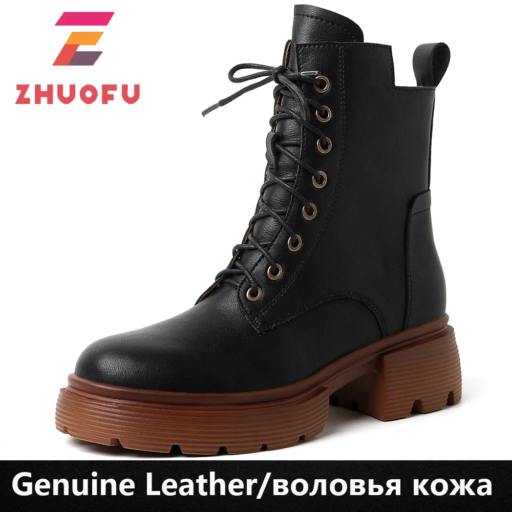 

Женские короткие ботинки ZHUOFU с заклепками из натуральной кожи, зимняя обувь на платформе, женская модная крутая повседневная женская обувь