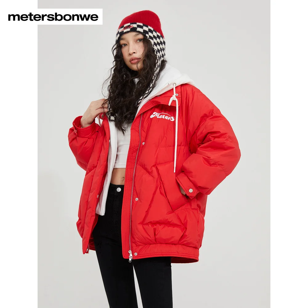 Metersbonwe Women's 22New Winter Coral Fabric False Two Down Jackets 80%Duck Down Thick Short Hooded Warm Wear Fashion Outwear