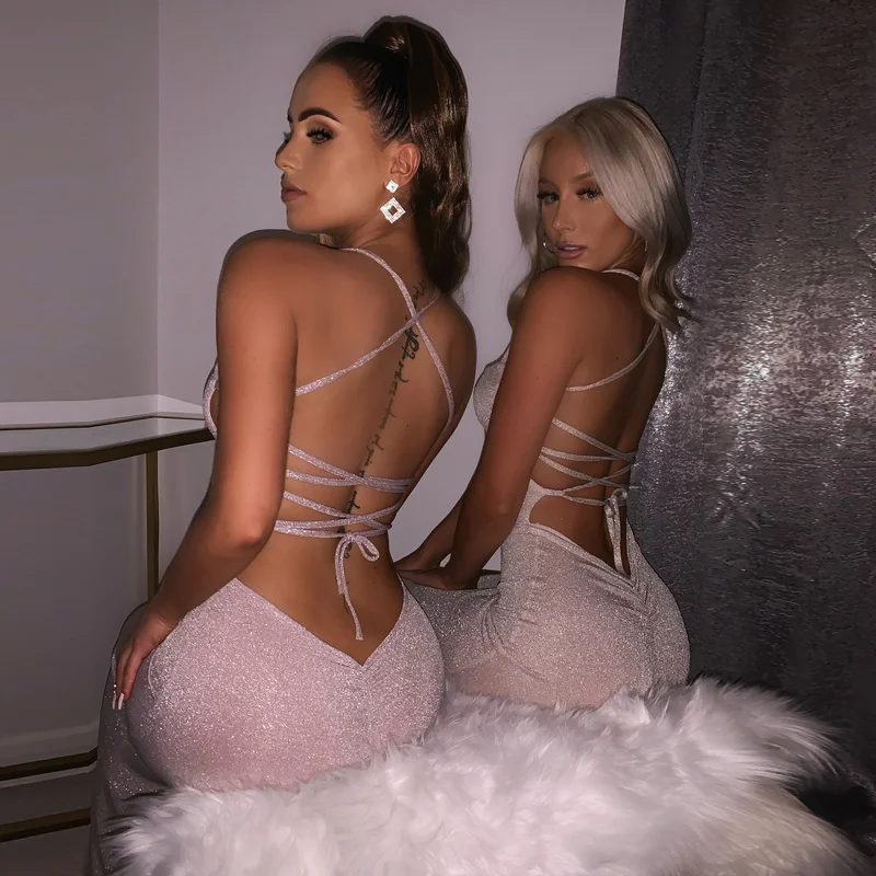 

Zoctuo Bling Glitter Dresses Women Strap Midi Dress Side Slit Backless Bodycon Sexy Streetwear Party Club Elegant 2022 Evening