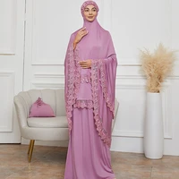 hijab salat dress for islam prayer jilbeb woman 2 pieces muslim long lace embroidery burka eid ramdan arabic dubai prayer outfit