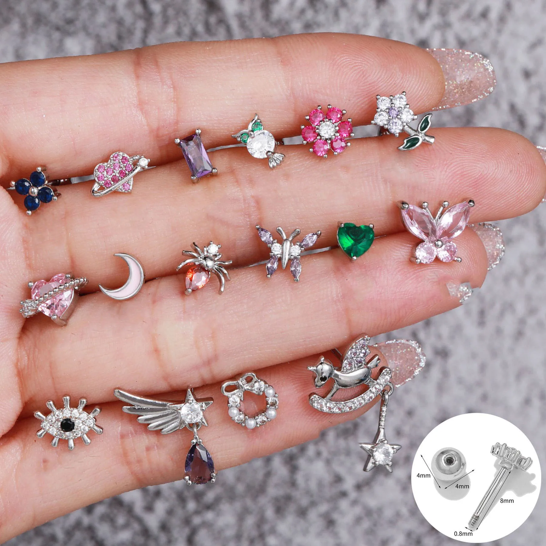 

1 Pc New Stainless Steel Piercing Nail Korean Version Color Zirconium Flower Screw Screw Ball Ear Bone Nail Ornaments