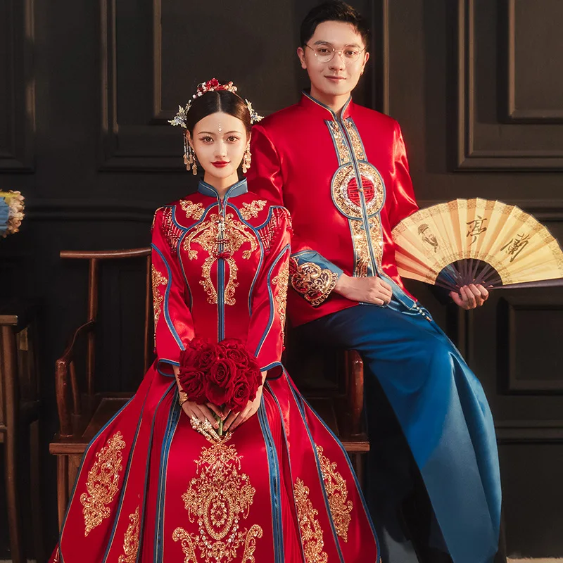 FZSLCYIYI Rhinestones Beaded Embroidery Red Blue Chinese Bride Bridegroom Wedding Dress Cheongsam Elegant Marriage Qipao Suit