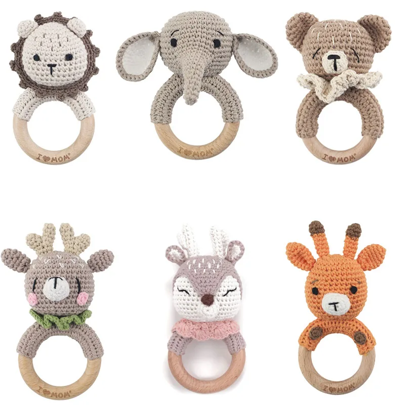 

Baby Rattles DIY Crochet Cartoon Lion Fox Doll Hand Bell Carved Wooden Ring Teething Toys Newborn Molar Teether Educational Toy