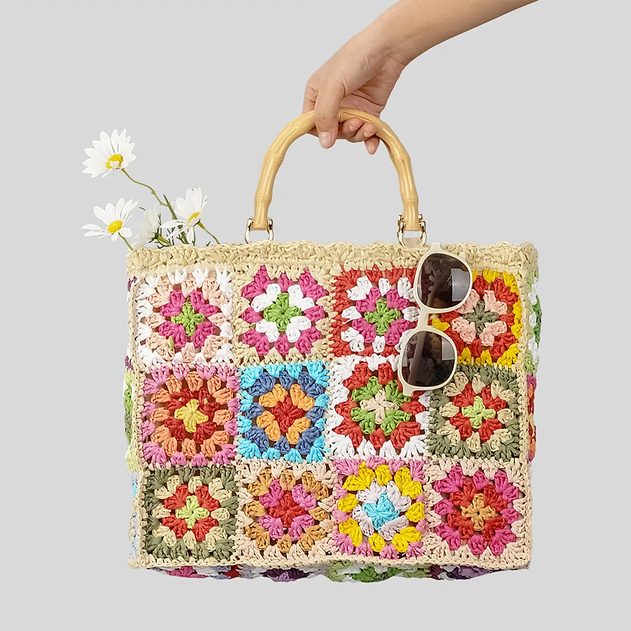 

2023 Bohemian Square Women Straw Handbags Casual Paper Woven Bamboo Handle Handmade Summer Beach Bag Large Capacity Tote Purse