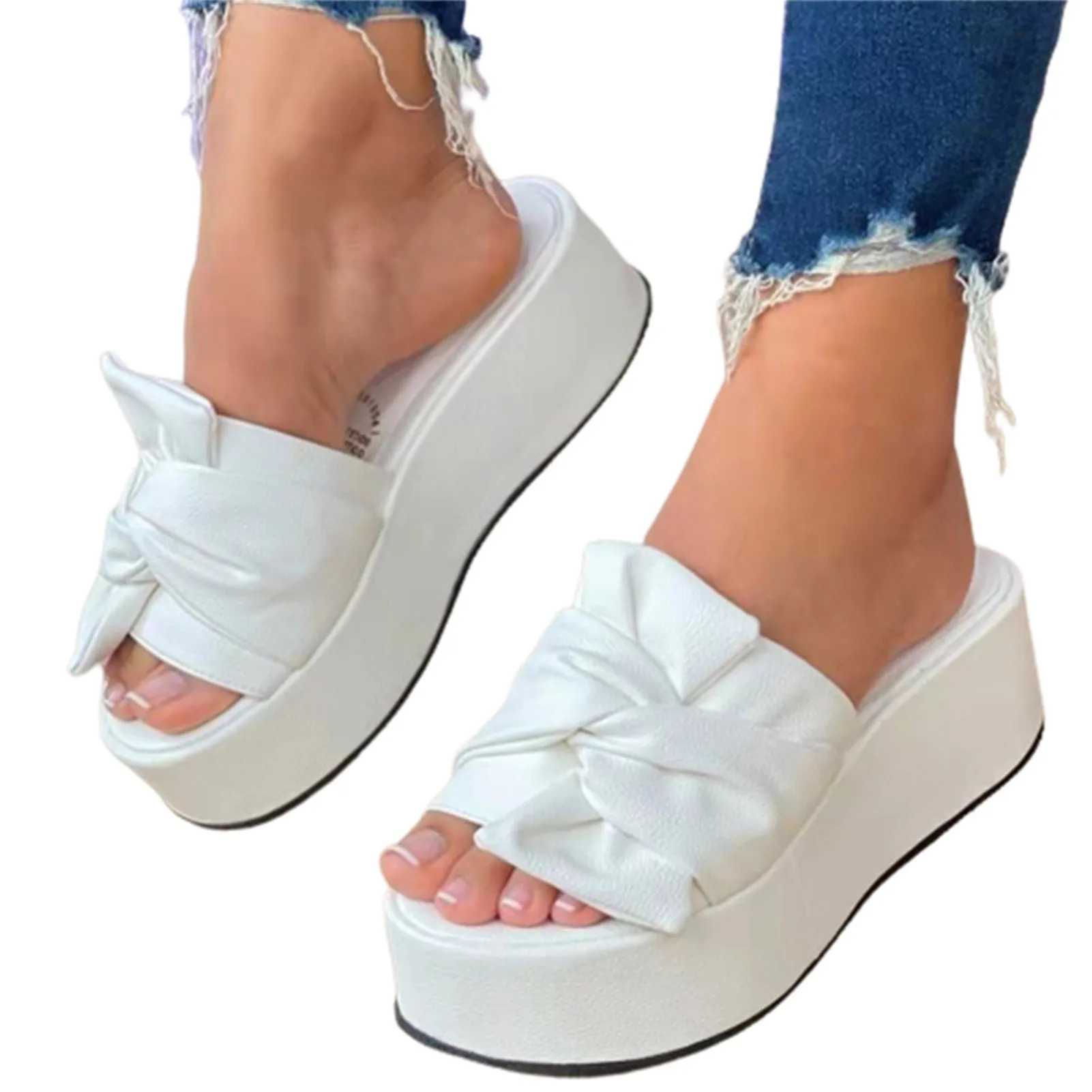 Women's Platform Slippers Sandals Flat Heel Bowknot PU Summer Slide Shoes