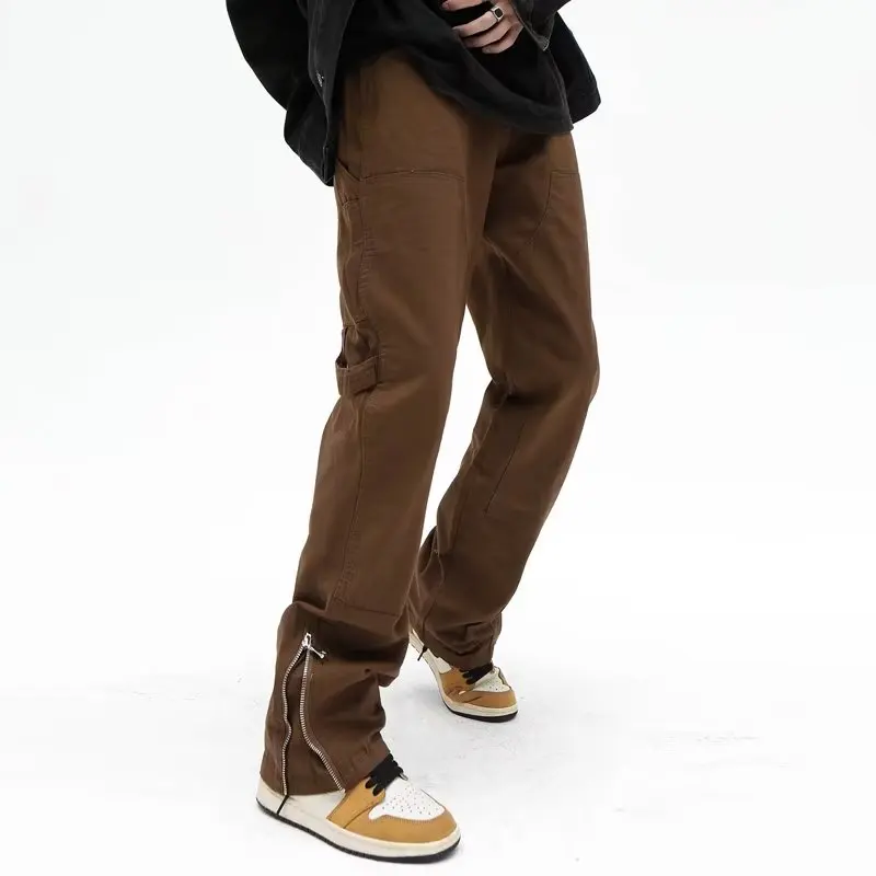 2023 High Street Ankle Zipper Vintage Brown Hip Hop Men Cargo Jeans Pants Y2K Clothes Straight Baggy Long Trousers Ropa Hombre