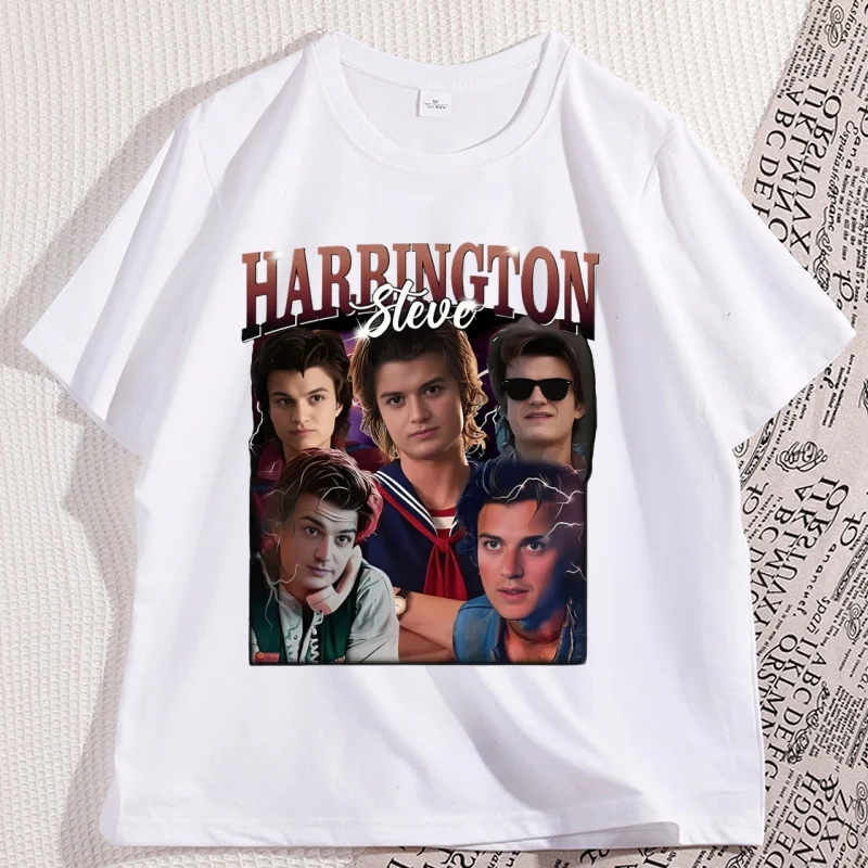 Фото Хлопковая футболка Steve Harrington с коротким рукавом и круглым вырезом, футболка для няни, уличная одежда большого размера, повседневная повседневная футболка №2