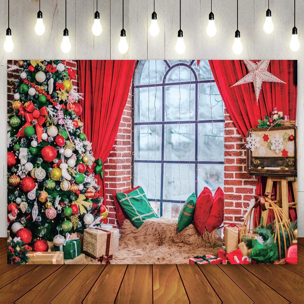 Christmas Backdrop for Kids Family Party Decoration Photoshoot Xmas Tree Red Curtain Windows Photography Background Photo Studio