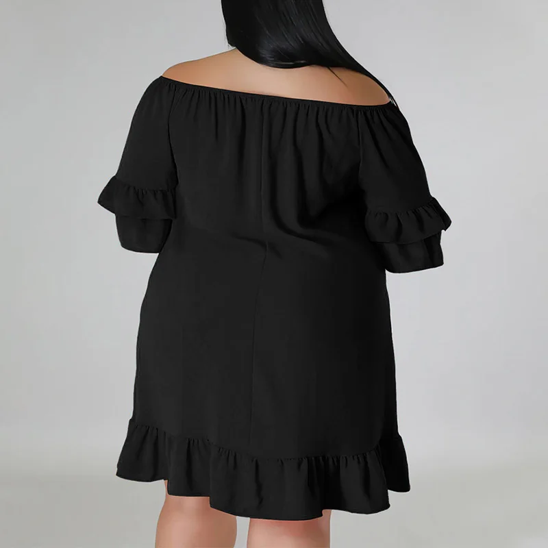 Plus Size Summer New Women's Clothing Solid Color Fashion Off Shoulder Patchwork Ruffles Half Sleeve Sweet Princess Dresses