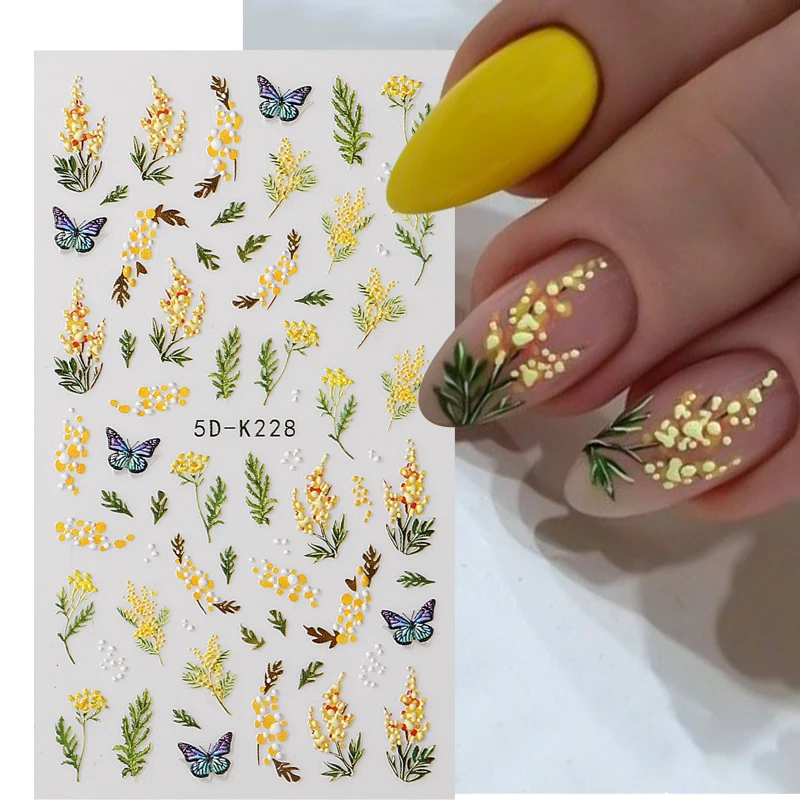 

5D желтые цветы наклейки для ногтей Mimosa дизайн весенний цветочный лист самоклеящиеся наклейки для ногтей белые маргаритки бабочки Слайдеры для маникюра