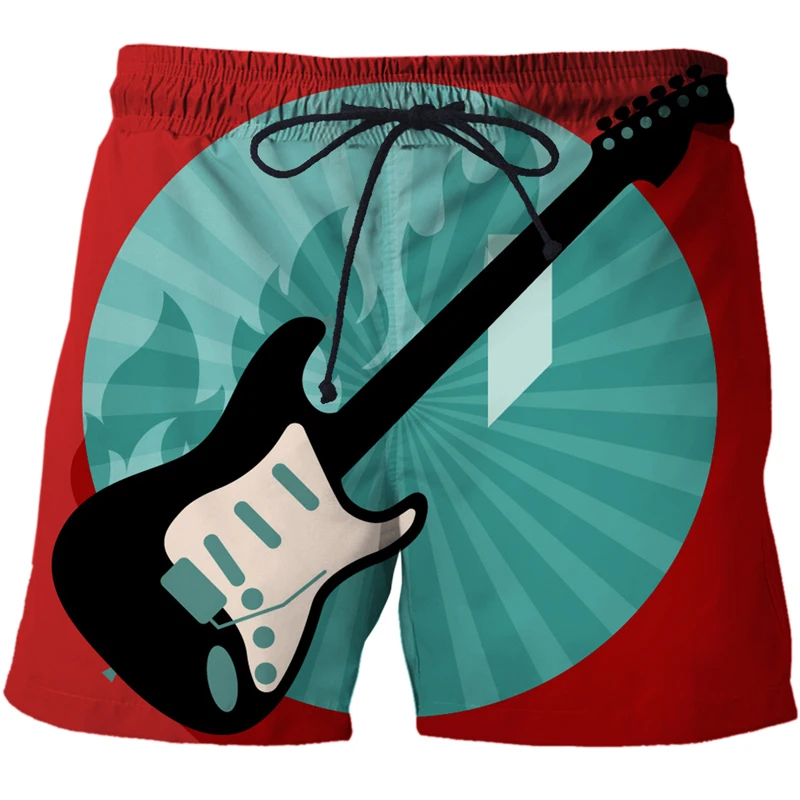 Drawstring design Design of elastic waist Side pockets Quick Dry Beach shorts for men Hot sale Cartoon guitar 3D print effect