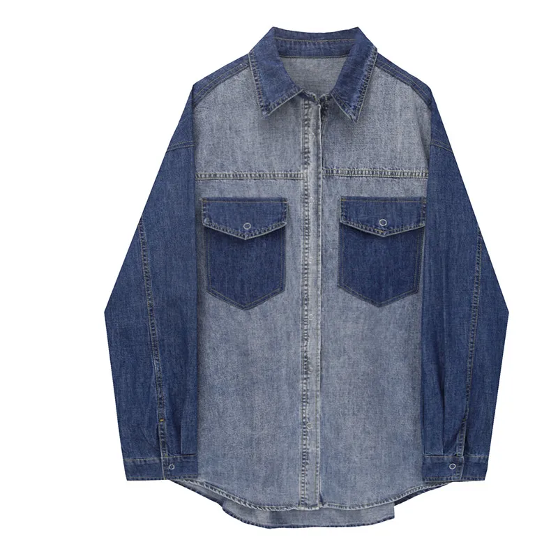 

2022 Spring Contrasting Colors Blouses Denim Pocket Single Breasted Vintage Shirt Women Jacket Loose Tops Ladies Clothes H2123