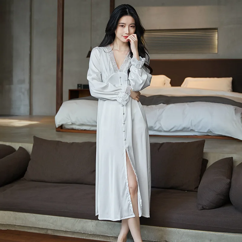 Palace Style Lace V-neck Night Dress Women Summer Satin Nightgown With Button Long Sleepwear Sleepshirts Lounge Home Dresses