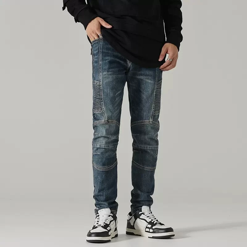 Street Fashion Men Jeans Retro Blue Elastic Slim Fit Spliced Biker Jeans Men Zipper Wrinkle Patch Designer Hip Hop Pants Hombre