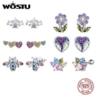 Женские серьги-гвоздики из серебра 925 пробы с разноцветным сердцем